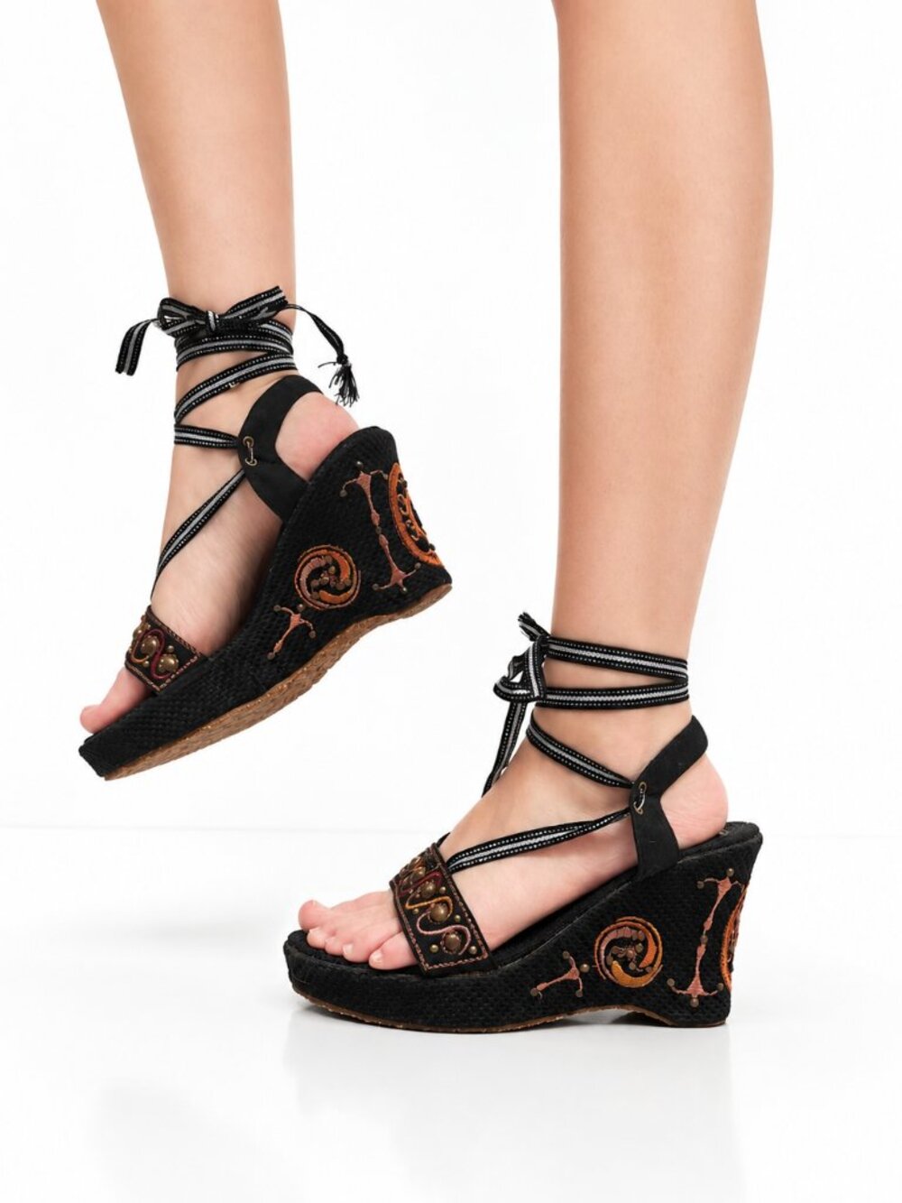 Vintage 90s Y2k Size 6.5 Embroidered Wedge Heel Lace Up Sandals